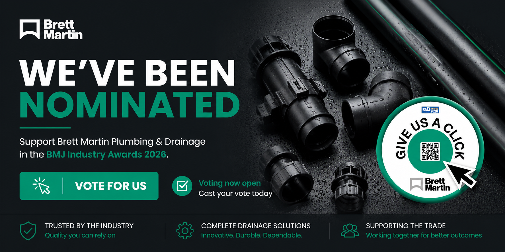 Brett Martin Plumbing and Drainage has been nominated in the BMJ Industry Awards 2026. Vote now.